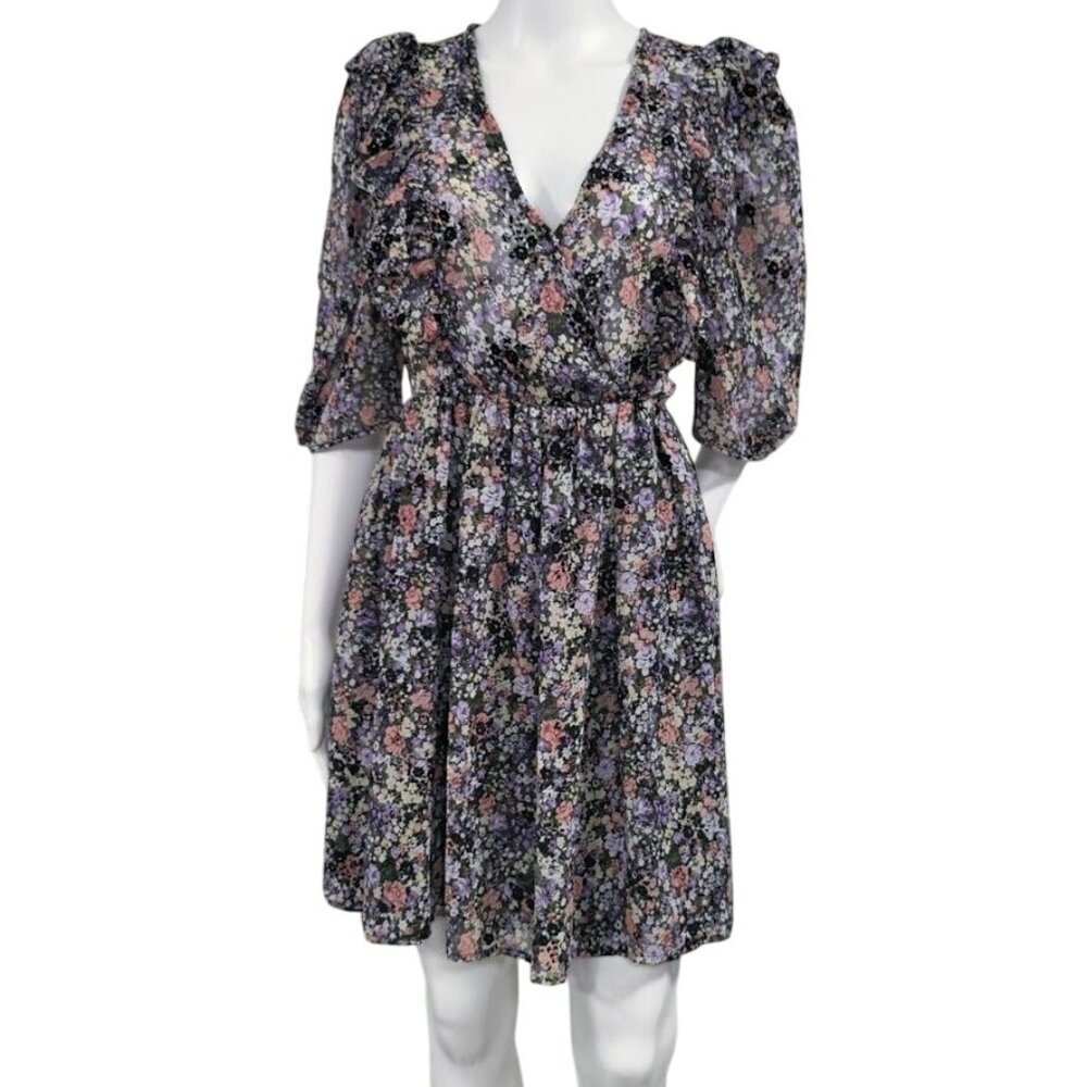 Noella Whimsy Fluttery Twee Ruffle Velvet Burnout Faux Wrap Sheer Dress S - Picture 2 of 13